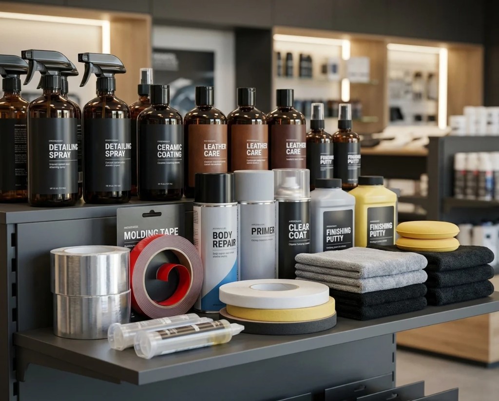 Professional refinish, trim, and surface prep products on shelf