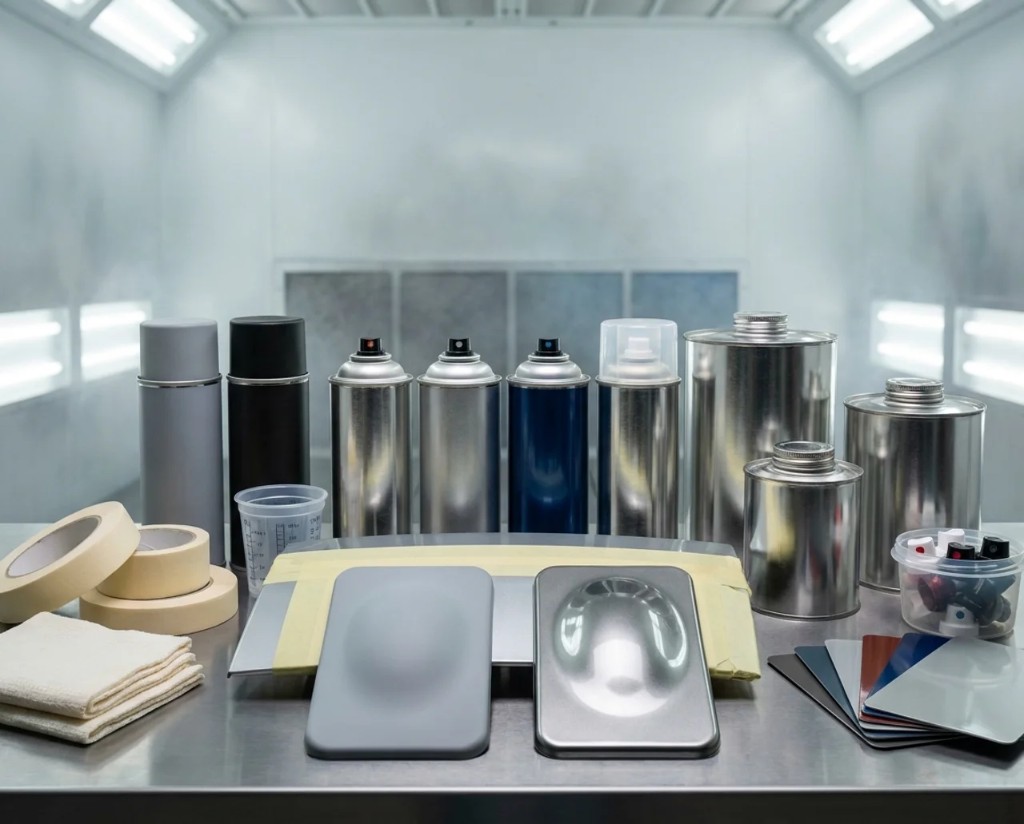 Refinish aerosols, paint tins, and color swatches in the spray booth