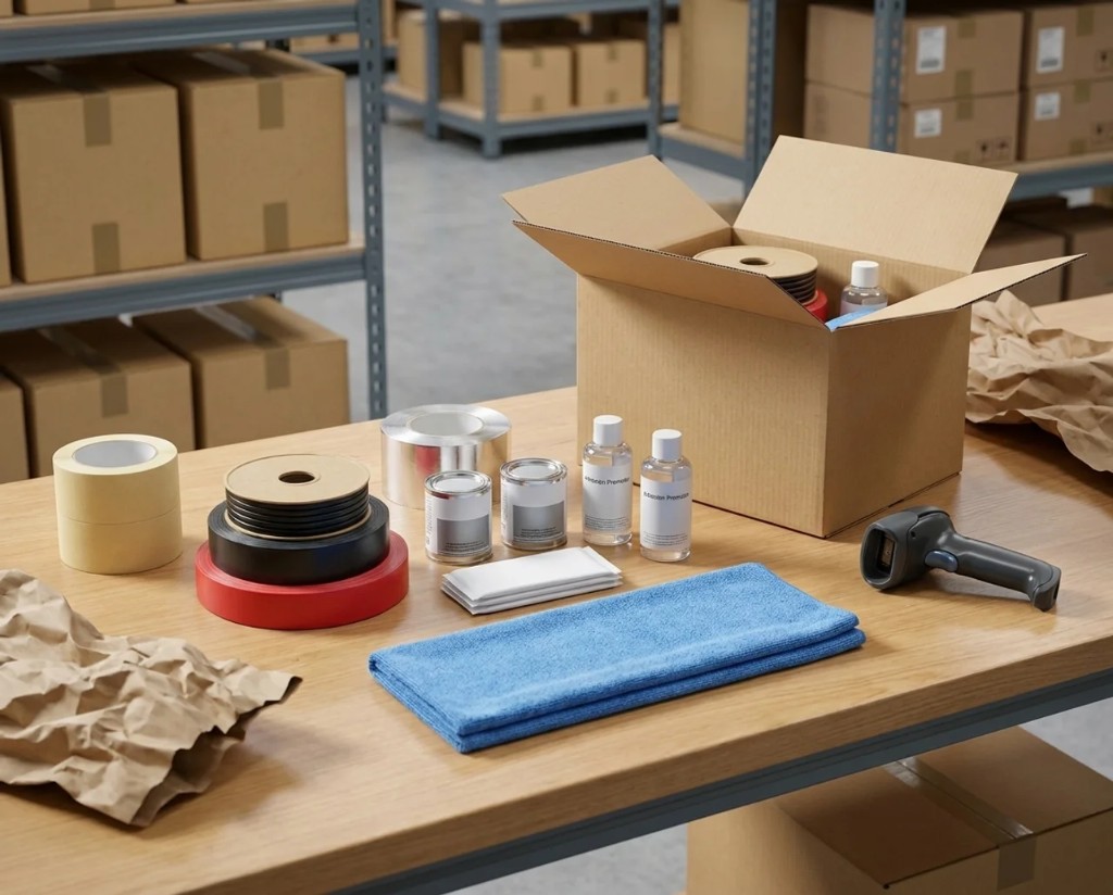 3M masking tape, adhesion promoter, and prep supplies on the workbench