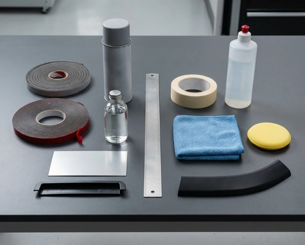 Masking tape, double-sided tape, and trim prep tools on the workbench